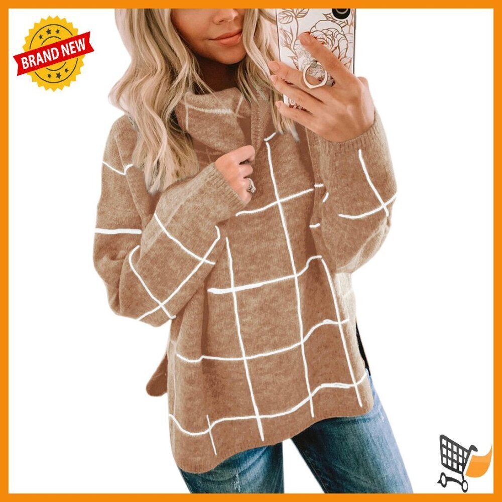 Chunky Knit Turtleneck Pullover Sweater Plaid Pattern Loose Fit